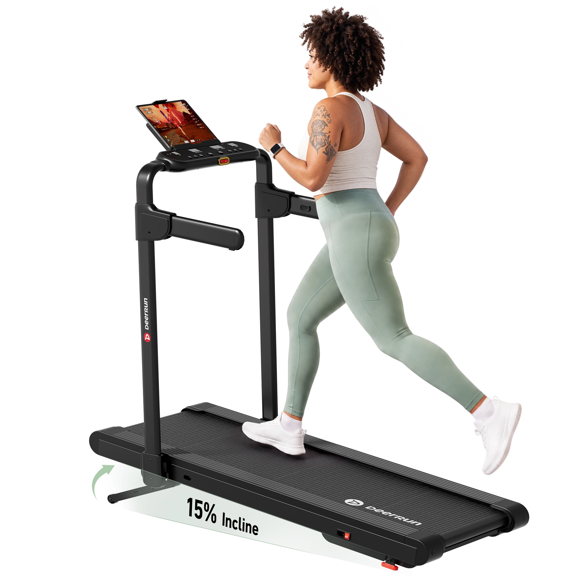 Black DeerRun Flex Rise 1 upright full-deck treadmill shown with a runner, handrail, display and a 15 percent incline graphic; manufacturer artwork, photography/render status unconfirmed.