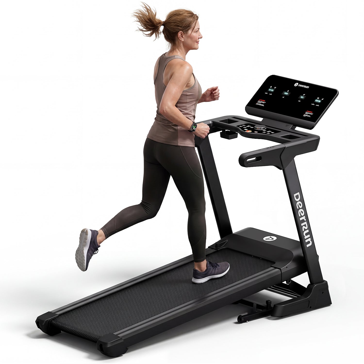 DeerRun X50 upright full-size treadmill with console and handrails, official exact-model image; promotional artwork/render status uncertain