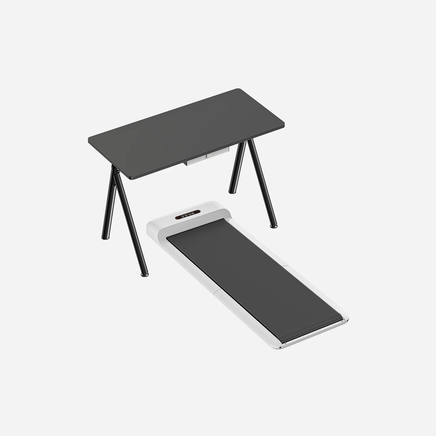 WalkingPad C2 White mostrado con un escritorio de pie de cuatro patas