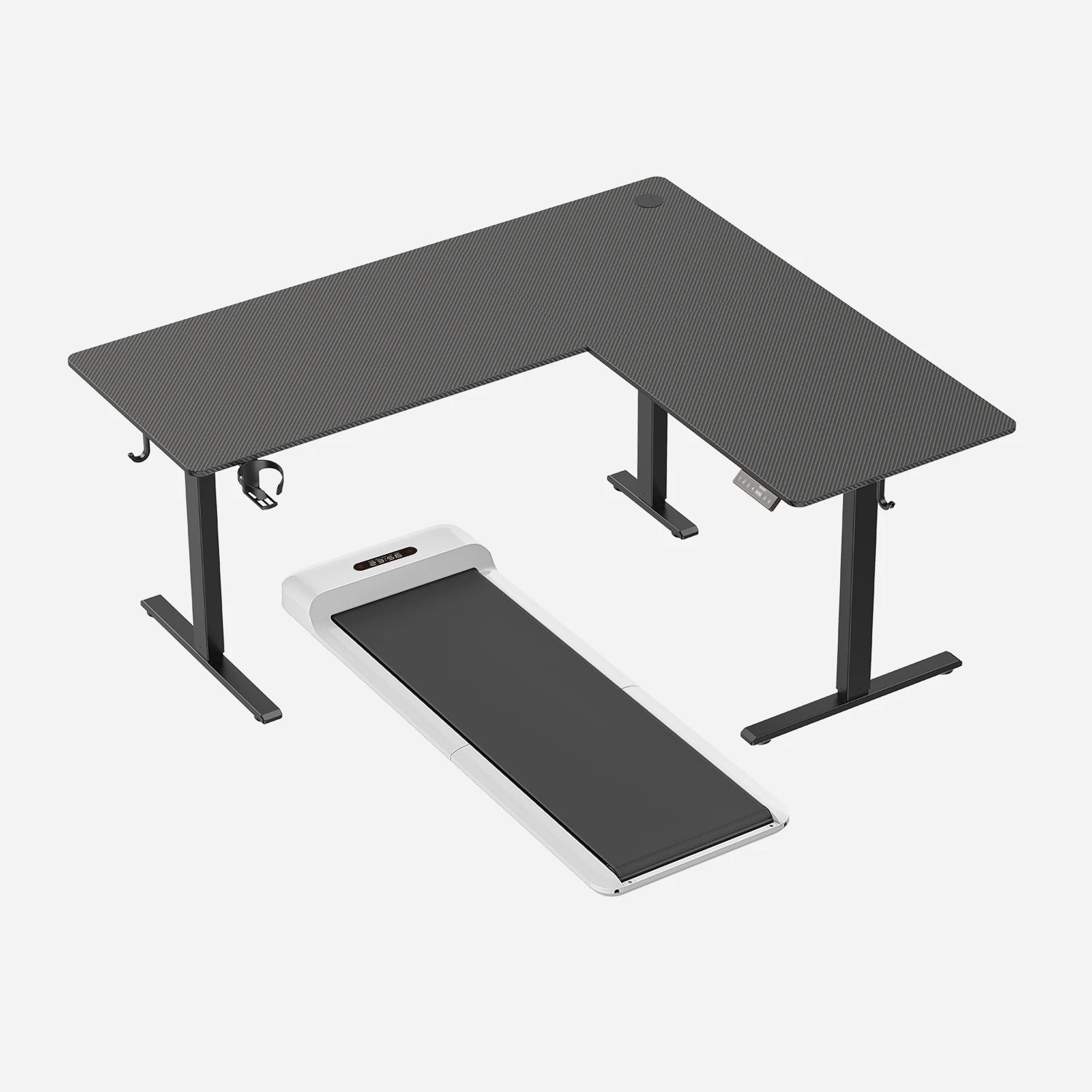 WalkingPad C2 White mostrado con un escritorio de pie en L Pro