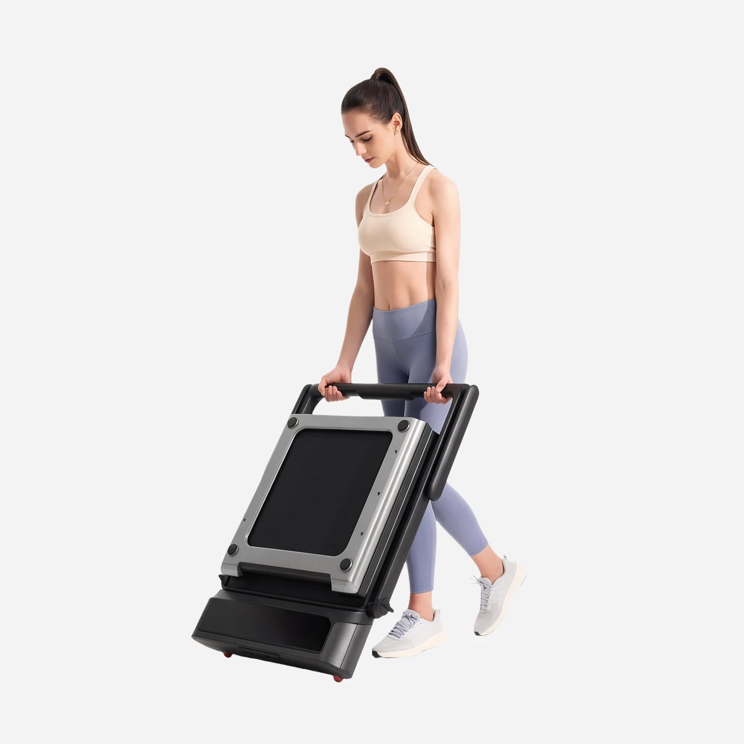 Folded WalkingPad R3 Hybrid+ treadmill with its additional side handles in a manufacturer-supplied image.