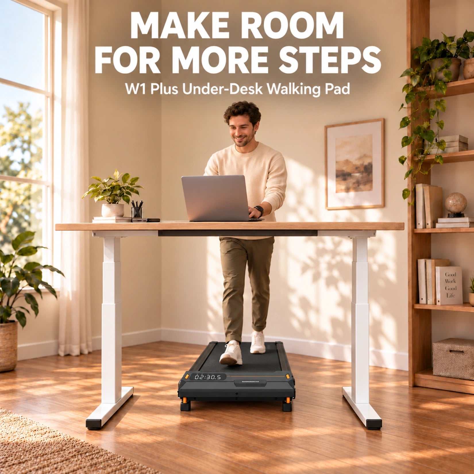 WalkingPad W1 Plus Stride Station shown beneath a standing desk in the manufacturer’s exact-model promotional image.